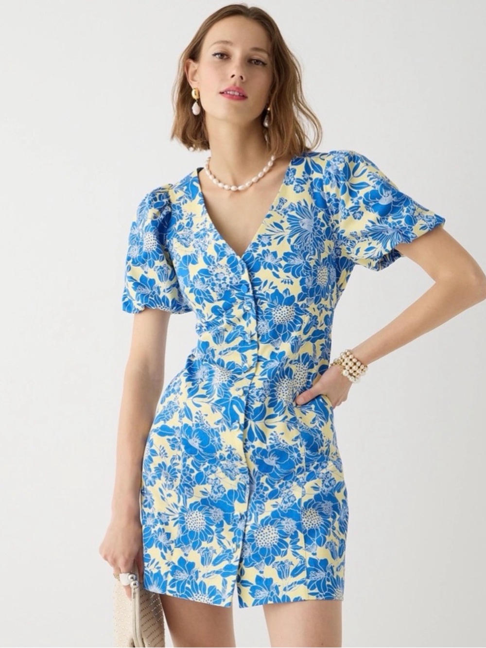 J. Crew Yellow and Blue Floral A-Line Puff Sleeve Dress